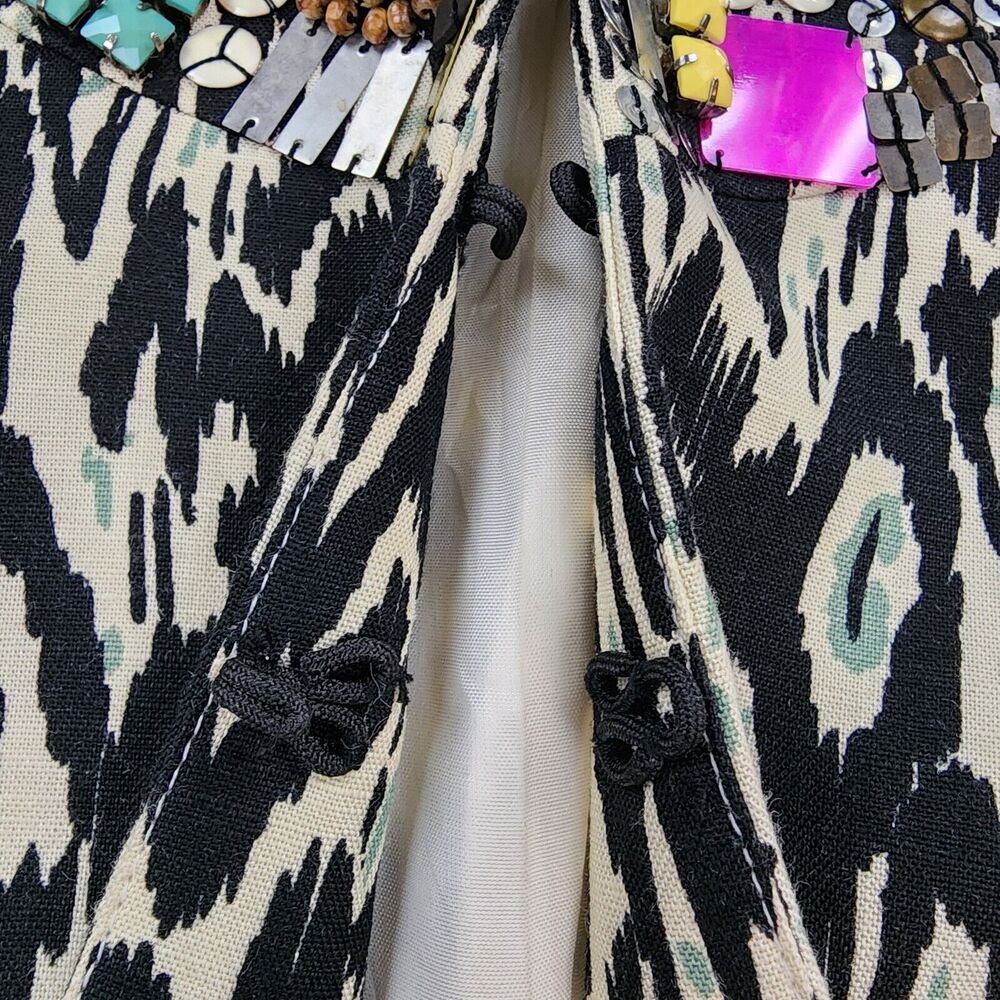 Nanette Lepore Jacket Womens 4 Black White Tribal Linen Blend 3/4 Sleeve Gems - Picture 14 of 16